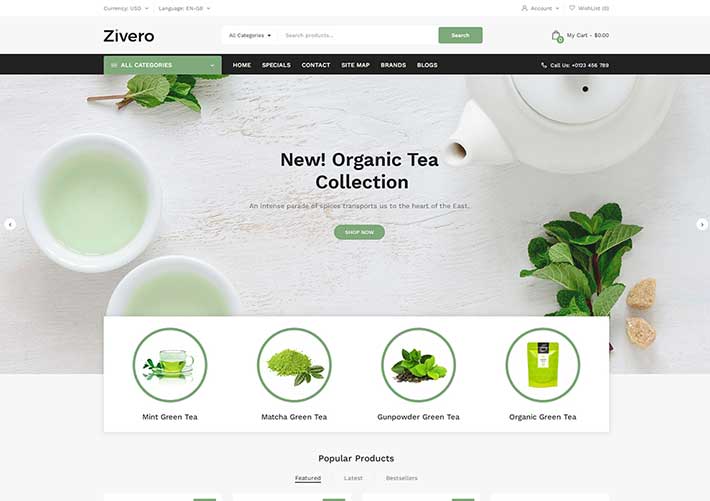 清新响应式设计茶叶绿茶线上商城网站网页html模板